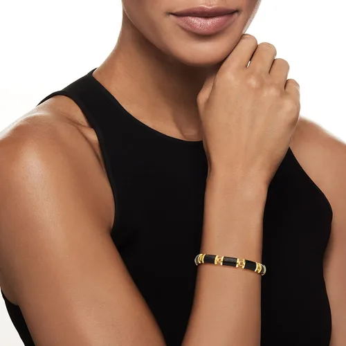 Miniatura 2 de Ross-Simons Pulsera de jade negro "Good Fortune" en oro amarillo de 14 quilates, Gema, Jade