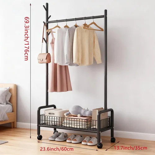 Miniatura 2 de Perchero con estantes de almacenamiento, perchero resistente con ruedas para dormitorio, sala de estar, organización de lavandería