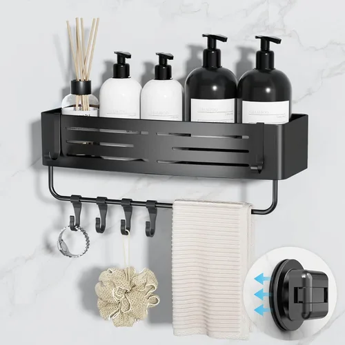 Onemake Organizador de ducha con ventosa, estante de ducha de succión con ganchos portátiles, organizador de baño con barra de toalla para