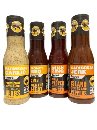 Buffalo Wild Wings Paquete de muestras variadas de salsas, ajo parmesano, barbacoa de miel, zing asiático, jerk caribeño, 12 onzas cada uno