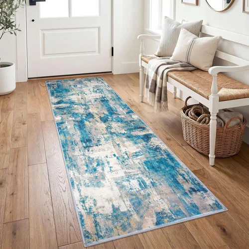 Miniatura 10 de KOZYFLY Tapete de entrada abstracto de 2 x 3 pulgadas, lavable, antideslizante, suave, para área pequeña, color azul y beige, moderno, a rayas