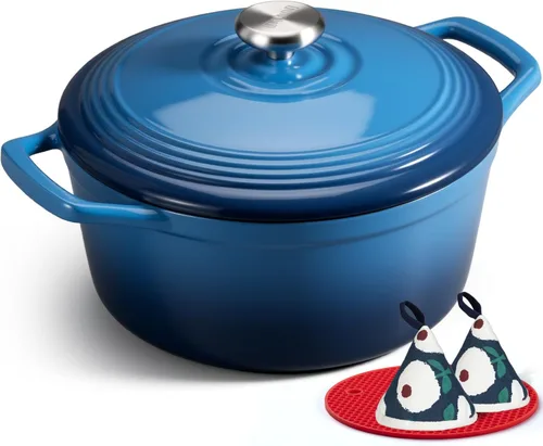 Miniatura 9 de Overmont Horno holandés de hierro fundido esmaltado, olla de 5.5 cuartos de galón con tapa de asas anchas, libro de cocina y agarraderas de algodón