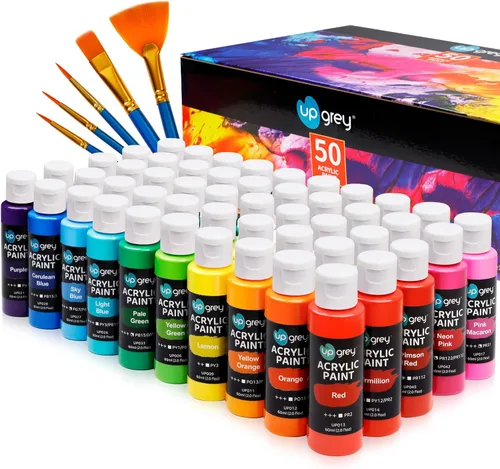UPGREY Juego de pintura acrílica de 50 colores, pinturas artísticas no tóxicas (2 onzas líquidas cada una) con 5 pinceles de pintura para