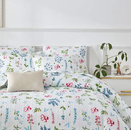 Miniatura 9 de UOZZI BEDDING - Juego de edredón reversible de 3 piezas tamaño Queen, con hojas verde azuladas y flores rojas en blanco, microfibra suave y ligera