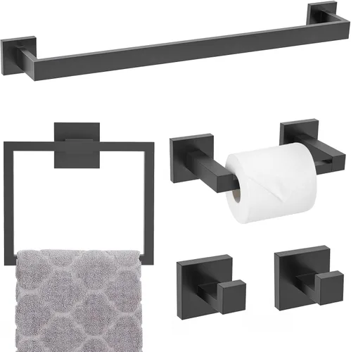 Juego de Barras Portotoallas Negro Mate de 5 Piezas, Juego de Accesorios de Ferretería para Baño, Juego de Portotoallas Moderno de 23.6 Pulgadas de
