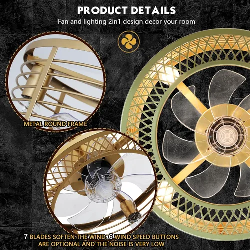 Miniatura 5 de Chinco Star Ventilador de Techo Enjaulado con Luz, Ventilador de Techo Fandelier Dorado y Control Remoto - Motor Reversible, Viento de 6