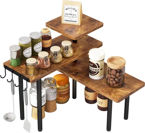 IBUYKE Organizador de Encimera, Estantes de Especias de 3 Niveles, Estante de Esquina para Mostrador de Cocina, 4 Ganchos Laterales, Estante Marrón