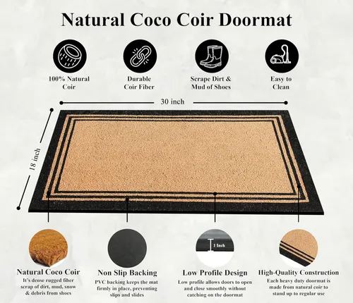 Miniatura 3 de A1HC - Felpudo de fibra de coco natural para entrada exterior, tratado antidesprendimiento, resistente, perfil delgado, fácil de limpiar y Negro