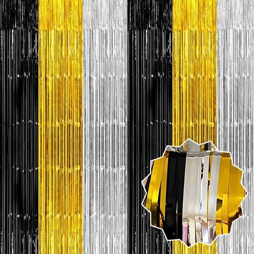 Paquete de 6 cortinas de flecos de papel de aluminio negro dorado y plateado, 3.28 x 8.2 pies, cortinas metálicas de oropel para cabina de fotos,
