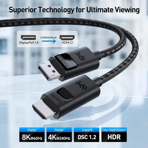 Miniatura 2 de Cable Matters Cable DisplayPort a HDMI 2.1 unidireccional 8K - 6 pies, con 4K 240Hz / 8K 60Hz, puerto de pantalla a cable HDMI 2.1, compatible