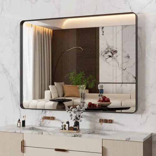 Miniatura 69 de WEER - Espejo de baño dorado, espejo de 40x32 pulgadas con marco de metal dorado cepillado, espejo de tocador de baño de oro para pared