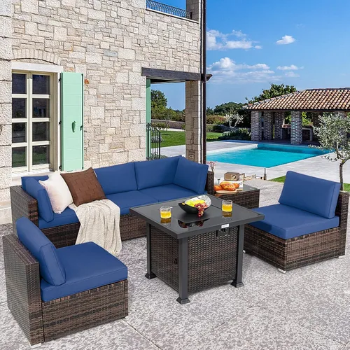 Miniatura 3 de Tangkula Juego de muebles de patio de 7 piezas con mesa para fogata, 50,000 BTU 32 pulgadas de propano con cubierta impermeable, juego de mimbre