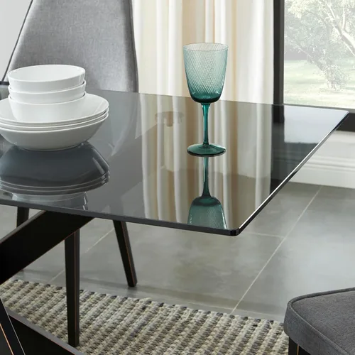 Miniatura 6 de Mesa de comedor de estilo moderno con parte superior de vidrio templado gris y patas tubulares de metal negro, 58.5 pulgadas de largo x 29 pulgadas