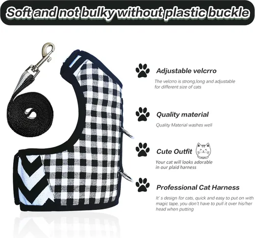 Miniatura 4 de Arnés de gato con correa, ajustable para gatos, chaleco acolchado para gatos, Black Plaid