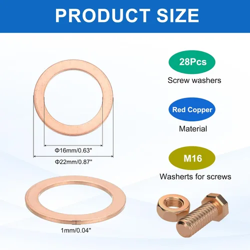 Miniatura 2 de MECCANIXITY 28Pcs Arandela Plana, Kit de Arandelas de Cobre M16, Anillo de Sellado de Cobre, Arandela de Compresión, Surtido, 16mm ID, 22mm OD, 1mm