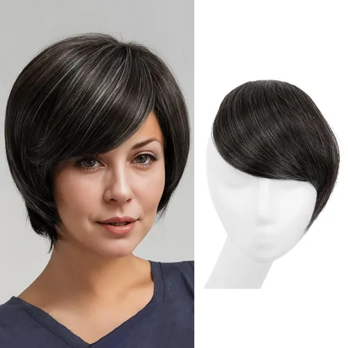 Miniatura 10 de SARLA Flequillo lateral negro marrón con clip en piezas de cabello sintético, extensión de flequillo recto para mujeres