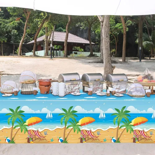 Miniatura 5 de Tiamon 3 manteles de playa de verano, decoración de fiesta, 54 x 108 pulgadas, plástico hawaiano Luau Tropical para verano, océano, mar, piscina