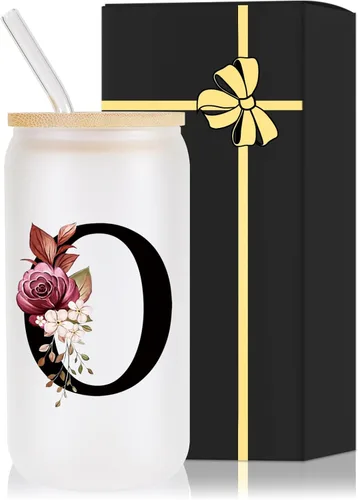 Miniatura 15 de Vaso de vidrio con monograma con tapa de bambú, popote personalizado, vaso de café helado de 16 onzas, tarro transparente de masón, cerveza, agua