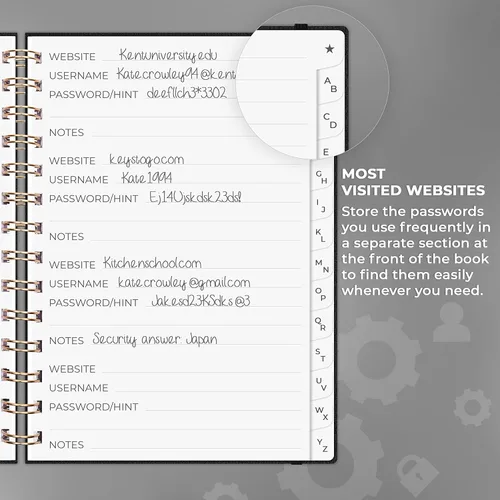 Miniatura 4 de Clever Fox Libro de Contraseñas en Espiral – Organizador de Direcciones de Internet y Contraseñas con Pestañas Alfabéticas Laminadas – Diario Negro
