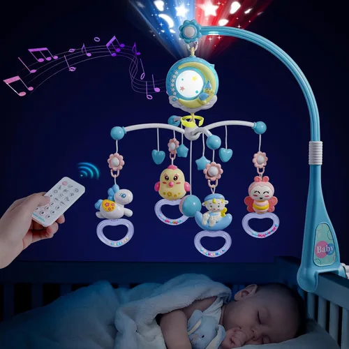 Mini Tudou Cuna móvil musical para bebé con música y luces, función de temporizador, proyección, sonajero para llevar y caja de música para bebés y