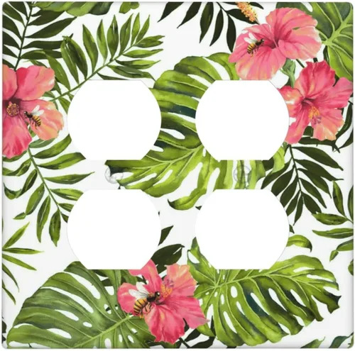 Miniatura 68 de Cubierta de placa de pared con palmera verde de planta tropical, cubierta de interruptor de luz de 1 cuadrilla, hojas de plátano, flores rosas