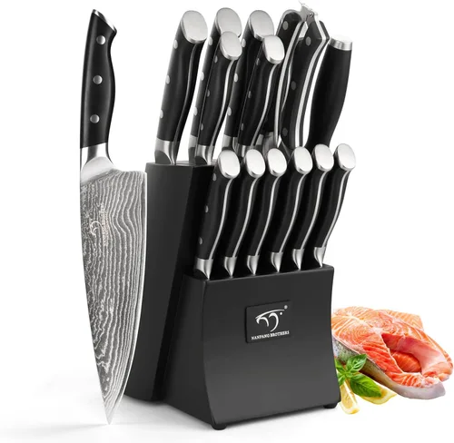 Miniatura 12 de Damascus - Juego de cuchillos de cocina de 15 piezas con bloque, mango ergonómico de ABS para juego de cuchillos de chef y cuchillos de carne