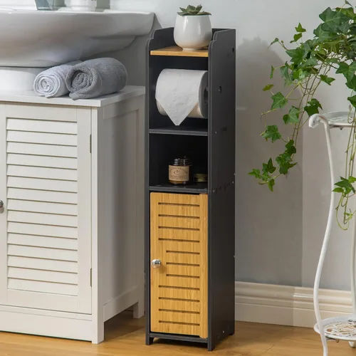 Miniatura 2 de AOJEZOR - Soporte de papel higiénico: gabinete pequeño de almacenamiento para baño - Negro - Bambú Blanco/Bambú