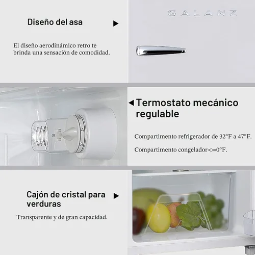 Miniatura 7 de Galanz GLR31TWEER - Refrigerador compacto retro de doble puerta, minirefrigerador con termostato mecánico ajustable y congelador, color blanco, 3.1