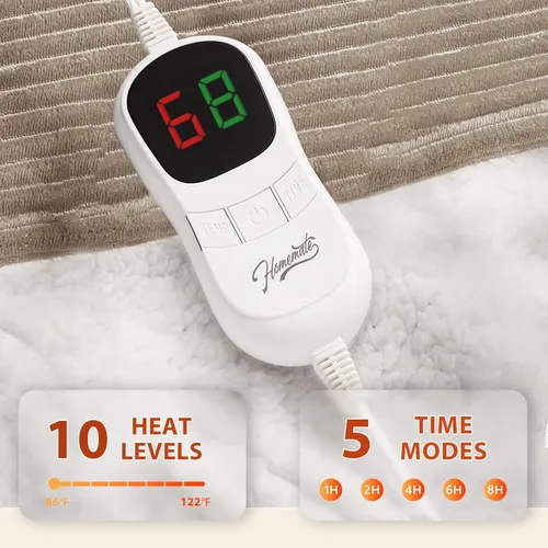 Miniatura 3 de Homemate Manta térmica eléctrica de 50 x 60 pulgadas, manta térmica de 1/2/4/6/8 horas de apagado automático, 10 niveles de calor, protección contra