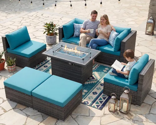 Miniatura 51 de NICESOUL Juego de muebles de patio para exteriores de 7 piezas con mesa para hoguera, gas natural y propano convertible, respaldo alto de 29.3