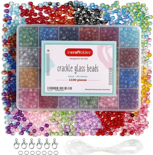Incraftables Cuentas de vidrio agrietado, 1100 unidades, 24 colores. Cuentas de cristal para hacer joyas a granel (0.236 in). Cuentas de vidrio de