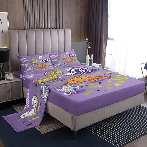 Happy Halloween Sábanas tamaño matrimonial – Sábanas de dinosaurio para niños y niñas, juego de sábanas de dinosaurio, microfibra suave y bolsillo