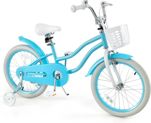 Miniatura 8 de HONEY JOY Bicicleta para niños de 12, 14, 16, 18, 20 pulgadas, con ruedas de entrenamiento, freno de mano y freno de posavasos, cadena totalmente