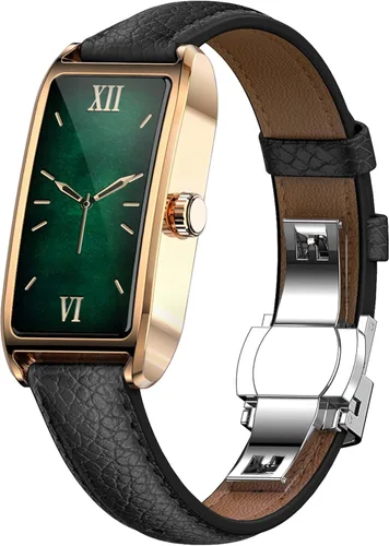Amoled Laies - Reloj inteligente para mujer, reloj inteligente con correa de piel, monitor de ritmo cardíaco, estrés, sueño, 12 modos deportivos,