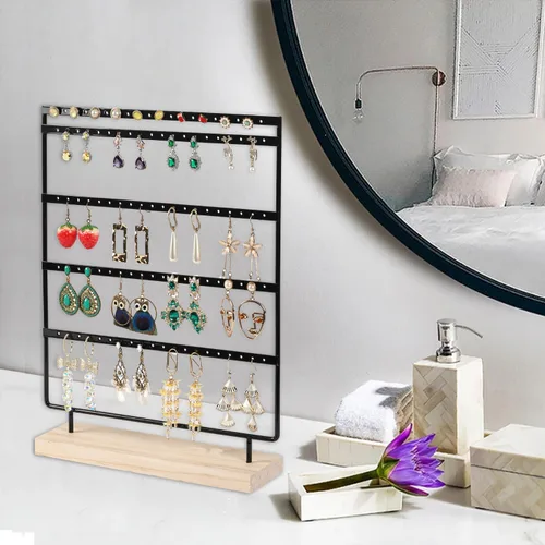 Miniatura 5 de Soporte organizador de aretes con 100 agujeros, 5 niveles, organizador de joyas, estante de base de madera, almacenamiento de aretes para niñas