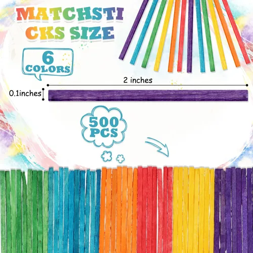 Miniatura 2 de Geetery 500 palillos coloridos para manualidades, 2 x 0.1 pulgadas, palillos de madera a juego para niños, adultos, manualidades, proyectos