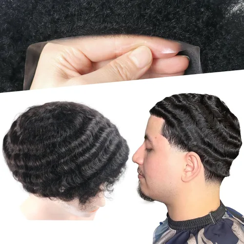 Miniatura 29 de Pelucas Afro Rizadas Toupé para Hombres Pelucas para Hombre Afroamericano Negro Unidad de Cabello Masculino Negro Rizado Afro Tejido Masculino
