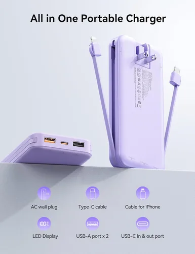 Miniatura 2 de Cargador ultraportátil de 10000 mAh con cables integrados y enchufe de pared de CA, cargador de teléfono celular de carga rápida PD20W USB-C, Púrpura