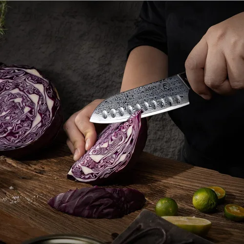 Miniatura 3 de FANTECK Santoku Cuchillo de cocina de acero japonés de Damasco de 5 pulgadas, VG10 de 67 capas de alto carbono, espiga completa, cuchillos Santoku