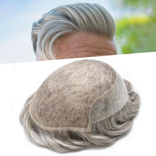 Miniatura 80 de Toupee para hombres pieza de pelo suave suizo encaje real sistema de cabello humano reemplazo blanqueado nudo mens tupé sistema de pelo para hombres