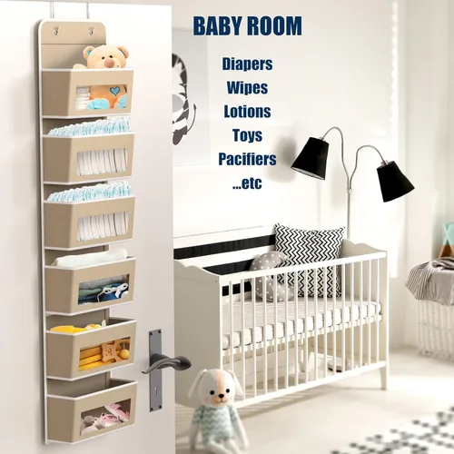 Miniatura 3 de Simple Houseware - Organizador con 6 bolsillos con ventana transparente para colgar sobre la puerta del armario, para recámara, baño, despensa, Beige