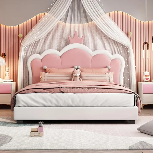 Cama de princesa tapizada de tamaño matrimonial con cabecera de corona, cama princesa para niñas (matrimonial)