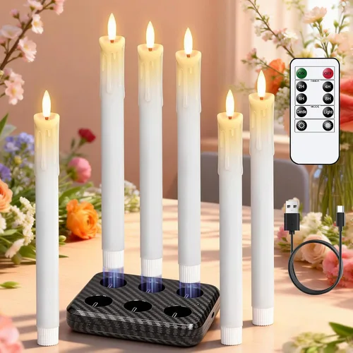 Miniatura 8 de Velas cónicas sin llama de flores moradas con temporizador remoto, velas LED que funcionan con pilas, mecha 3D cálida parpadeante, velas de cera