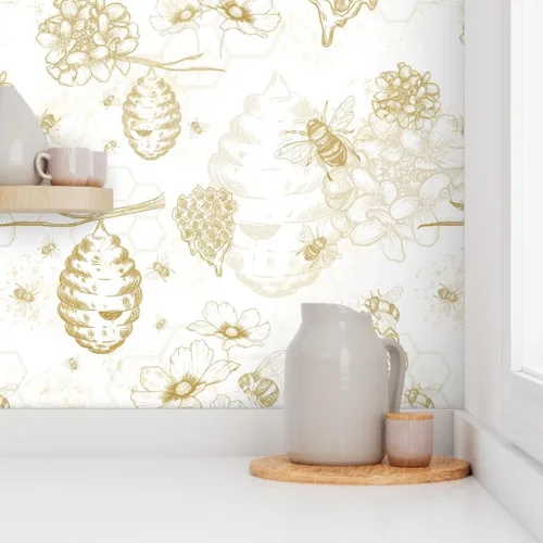 Miniatura 8 de Muestra de papel tapiz extraíble – Colmena de abeja Toile flores amarillas grandes mostaza oro abeja miel papel pintado personalizado pre-pegado por