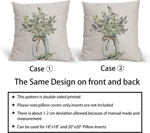 Miniatura 5 de Juego de 2 fundas de almohada de hojas de eucalipto verdes de 18 x 18 pulgadas, para primavera y verano, para sofá, estilo granja, acuarela
