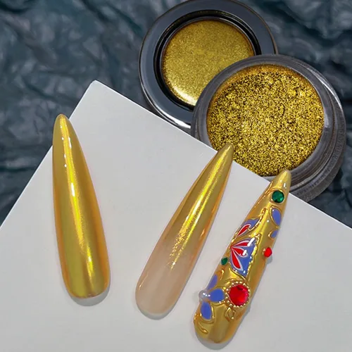 Miniatura 5 de Polvo de uñas cromado dorado para esmalte de uñas de gel, diseño holográfico metálico, efecto espejo dorado, polvo cromado para uñas, arte