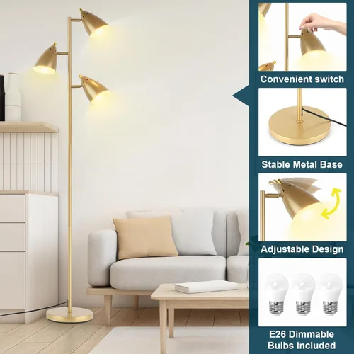 Miniatura 6 de Lámpara de pie estilo árbol LALISU para sala de estar, lámpara de pie industrial de 3 luces con 3 bombillas LED, cabezas giratorias ajustables