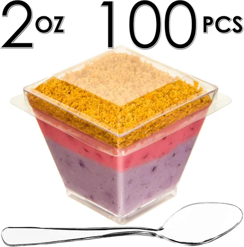 Miniatura 9 de DLux 100 x 2oz Tazas Cuadradas Mini de Postre con Cucharas y Tapas, Taza de Plástico Transparente para Aperitivos Parfait - Pequeño Cuenco