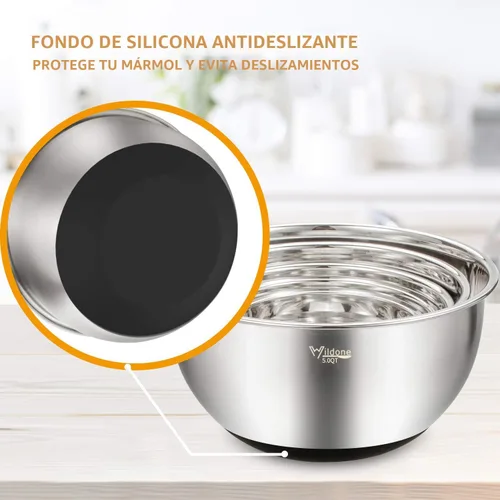 Miniatura 5 de Wildone Juego de Tazones Mezcladores con Tapas Herméticas, 5PCS Tazones de Acero Inoxidable Anidables para Cocina, con Accesorios de Rallador