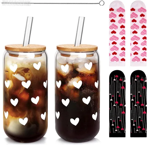 Miniatura 15 de Mason Life Vasos de Café Helado, Tazas de San Valentín Regalos para Ella Mujeres 18 OZ Taza de Corazones Vaso de Cerveza, Vasos para Beber en Pareja